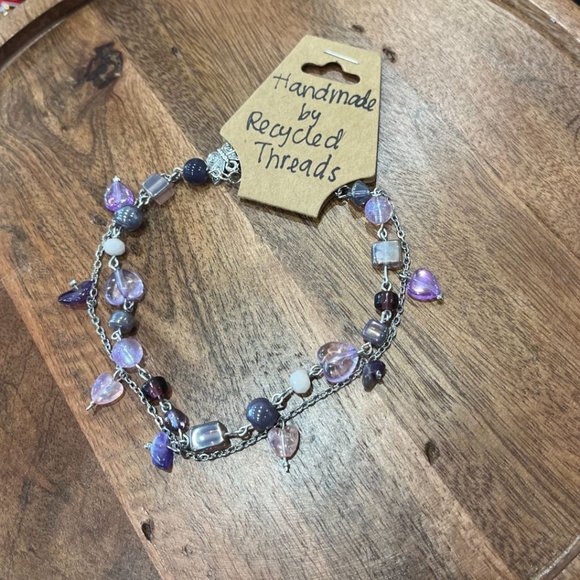 Amethyst Chip + Hearts Layered Silver Beaded Wire Anklet/Bracelet | Handmade Jew - Picture 1 of 3